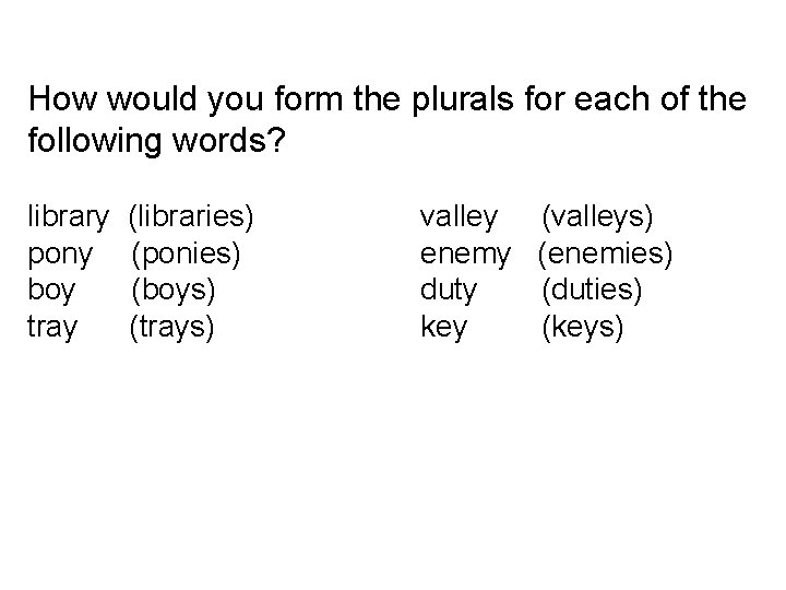 How would you form the plurals for each of the following words? library pony