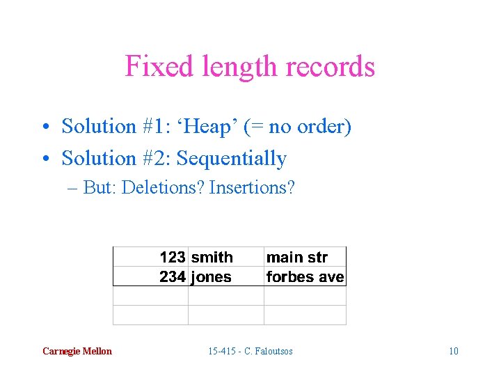 Fixed length records • Solution #1: ‘Heap’ (= no order) • Solution #2: Sequentially