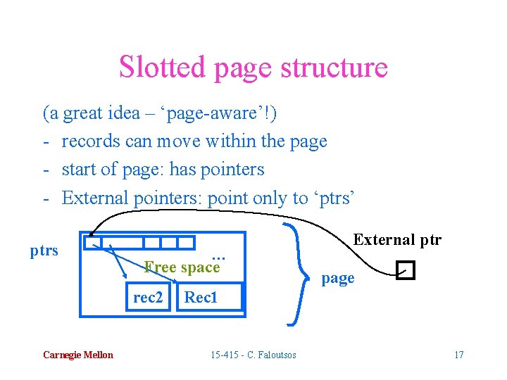 Slotted page structure (a great idea – ‘page-aware’!) - records can move within the