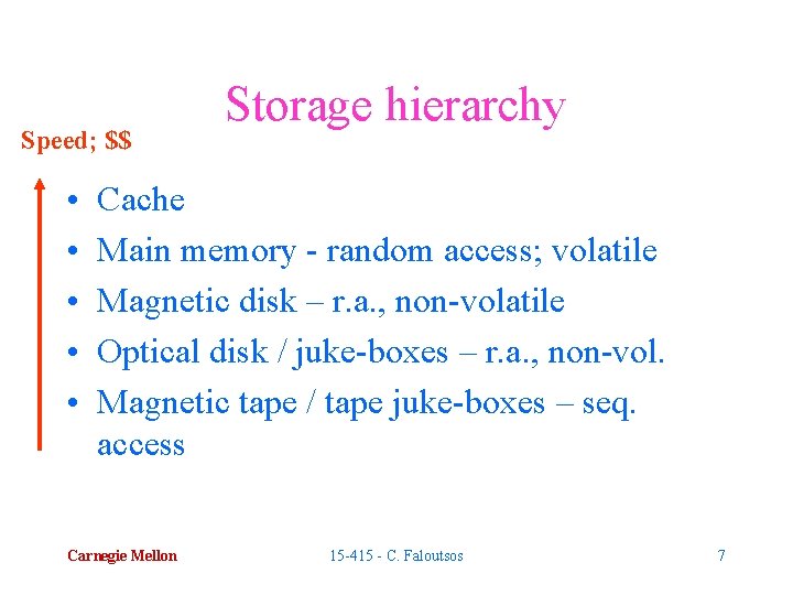 Speed; $$ • • • Storage hierarchy Cache Main memory - random access; volatile