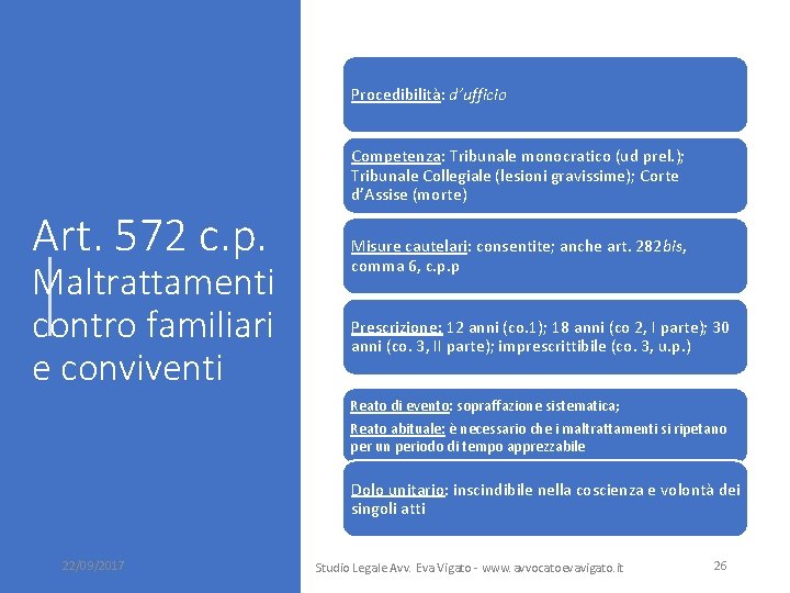 Procedibilità: d’ufficio Art. 572 c. p. Maltrattamenti contro familiari e conviventi Competenza: Tribunale monocratico