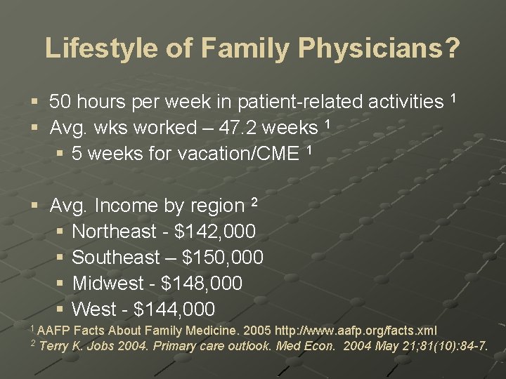 Lifestyle of Family Physicians? § 50 hours per week in patient-related activities 1 §