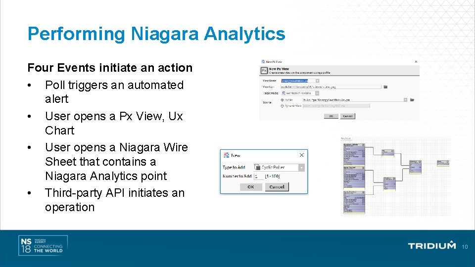 Performing Niagara Analytics Four Events initiate an action • Poll triggers an automated alert