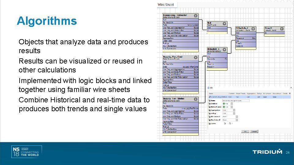 Algorithms Objects that analyze data and produces results Results can be visualized or reused