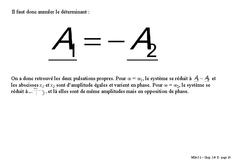 Il faut donc annuler le déterminant : On a donc retrouvé les deux pulsations Il faut donc annuler le déterminant : On a donc retrouvé les deux pulsations