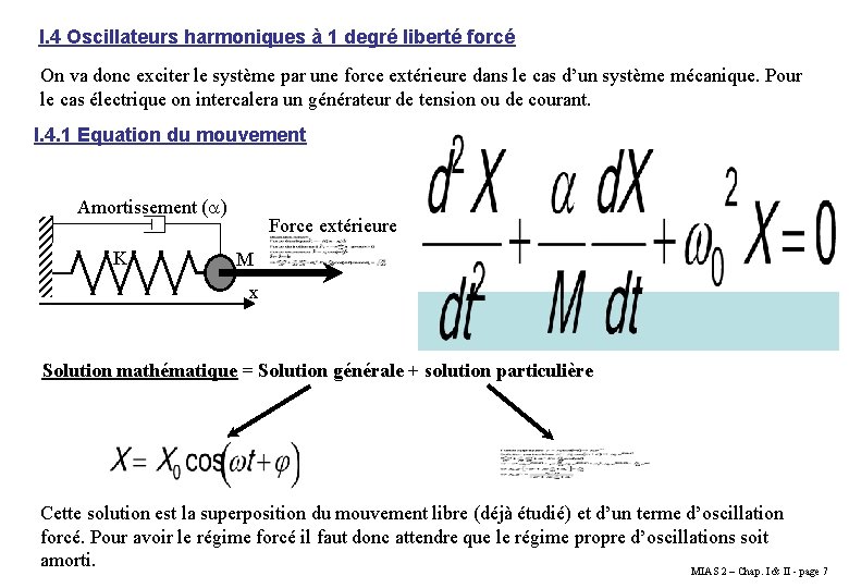 I. 4 Oscillateurs harmoniques à 1 degré liberté forcé On va donc exciter le I. 4 Oscillateurs harmoniques à 1 degré liberté forcé On va donc exciter le