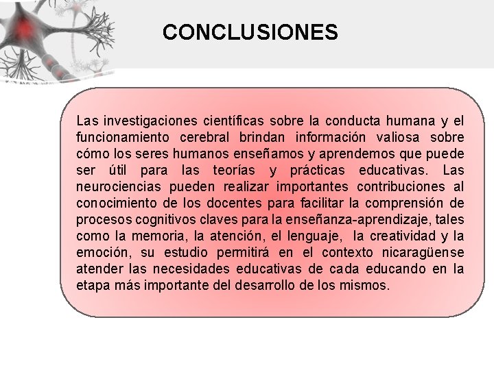 CONCLUSIONES Las investigaciones científicas sobre la conducta humana y el funcionamiento cerebral brindan información