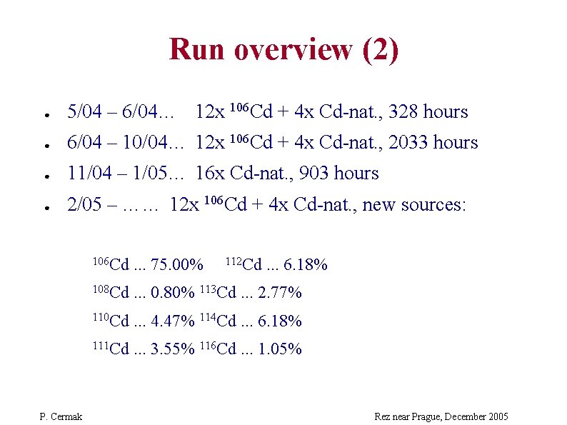 Run overview (2) ● 5/04 – 6/04… 12 x 106 Cd + 4 x