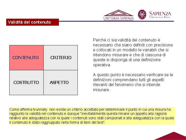 Validità del contenuto CONTENUTO COSTRUTTO CRITERIO ASPETTO Perché ci sia validità del contenuto è