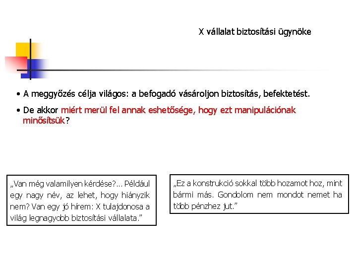 X vállalat biztosítási ügynöke • A meggyőzés célja világos: a befogadó vásároljon biztosítás, befektetést.