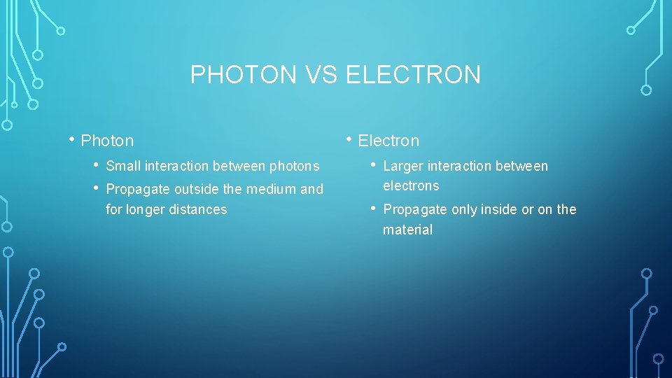 PHOTON VS ELECTRON • Photon • • • Electron Small interaction between photons •