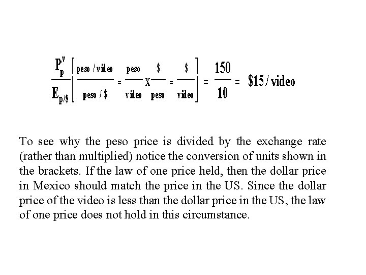 To see why the peso price is divided by the exchange rate (rather than