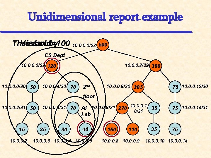 Unidimensional report example Hierarchy Threshold=100 10. 0/28 500 CS Dept 10. 0/29 120 10.
