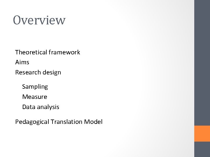 Overview Theoretical framework Aims Research design Sampling Measure Data analysis Pedagogical Translation Model 