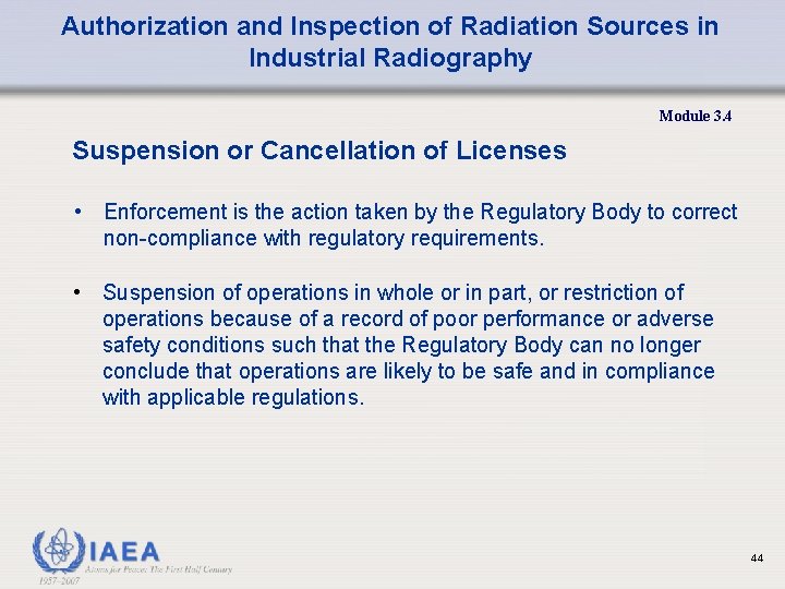 Authorization and Inspection of Radiation Sources in Industrial Radiography Module 3. 4 Suspension or