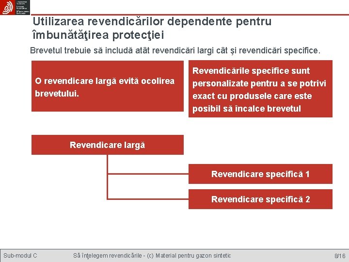 Utilizarea revendicărilor dependente pentru îmbunătăţirea protecţiei Brevetul trebuie să includă atât revendicări largi cât