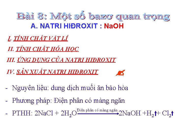 A. NATRI HIĐROXIT : Na. OH I. TÍNH CHẤT VẬT LÍ II. TÍNH CHẤT