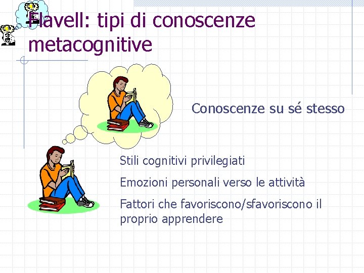 Flavell: tipi di conoscenze metacognitive Conoscenze su sé stesso Stili cognitivi privilegiati Emozioni personali