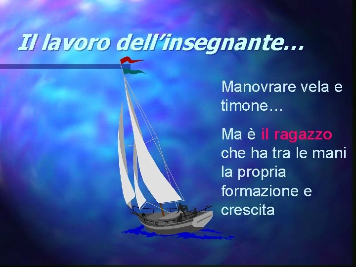 Il lavoro dell’insegnante… Manovrare vela e timone… Ma è il ragazzo che ha tra