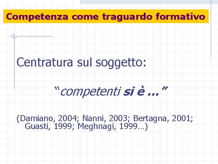 Competenza come traguardo formativo Centratura sul soggetto: “competenti si è …” (Damiano, 2004; Nanni,