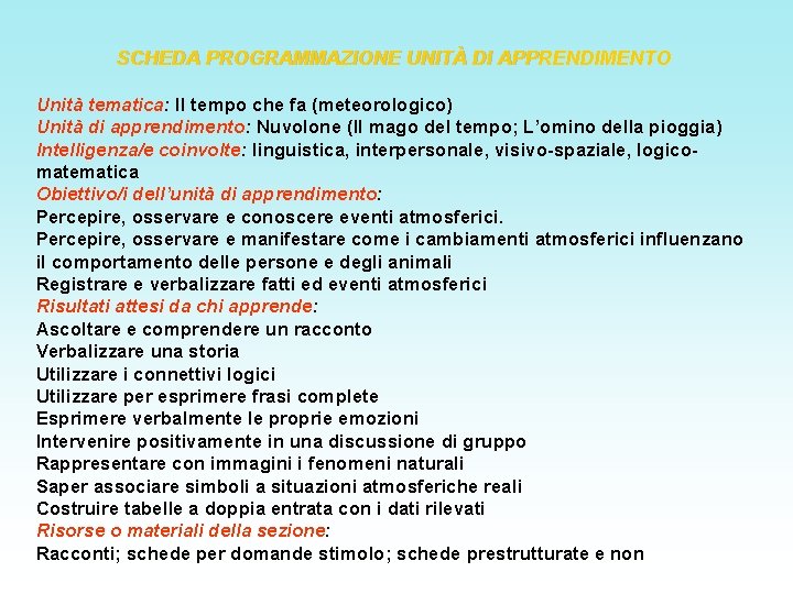 SCHEDA PROGRAMMAZIONE UNITÀ DI APPRENDIMENTO Unità tematica: Il tempo che fa (meteorologico) Unità di