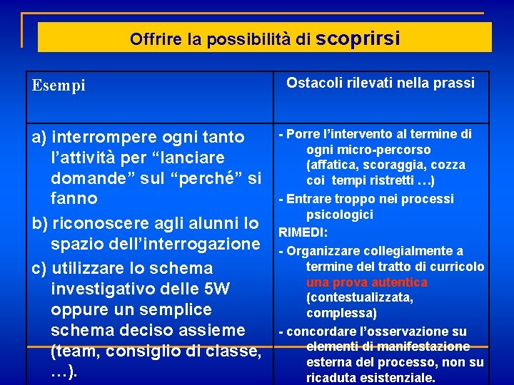 Offrire la possibilità di scoprirsi Esempi a) interrompere ogni tanto l’attività per “lanciare domande”