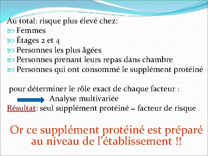 Au total: risque plus élevé chez: Femmes Étages 2 et 4 Personnes les plus