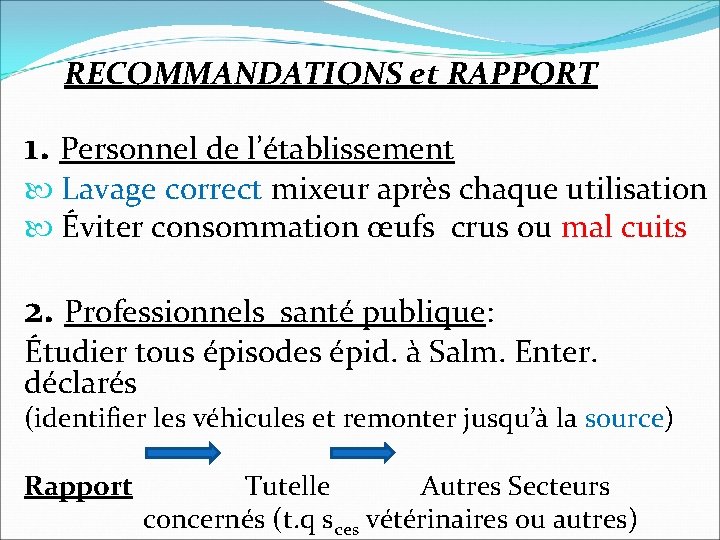 RECOMMANDATIONS et RAPPORT 1. Personnel de l’établissement Lavage correct mixeur après chaque utilisation Éviter