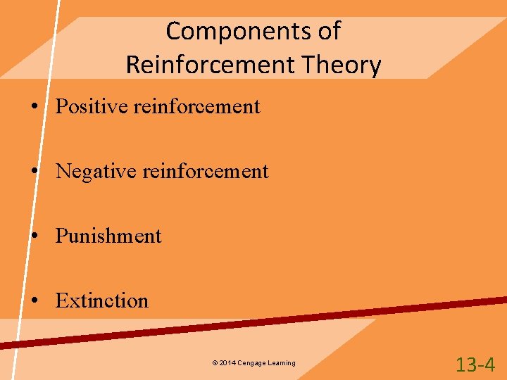 Components of Reinforcement Theory • Positive reinforcement • Negative reinforcement • Punishment • Extinction