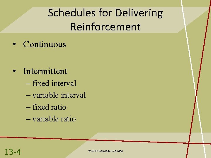 Schedules for Delivering Reinforcement • Continuous • Intermittent – fixed interval – variable interval