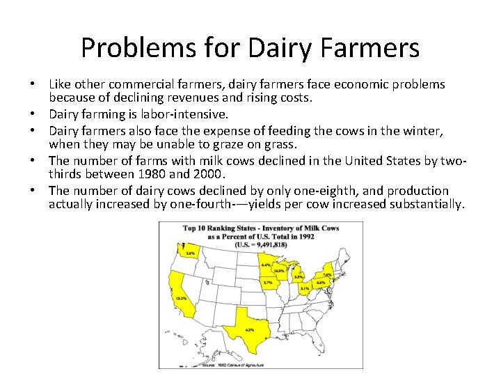 Problems for Dairy Farmers • Like other commercial farmers, dairy farmers face economic problems