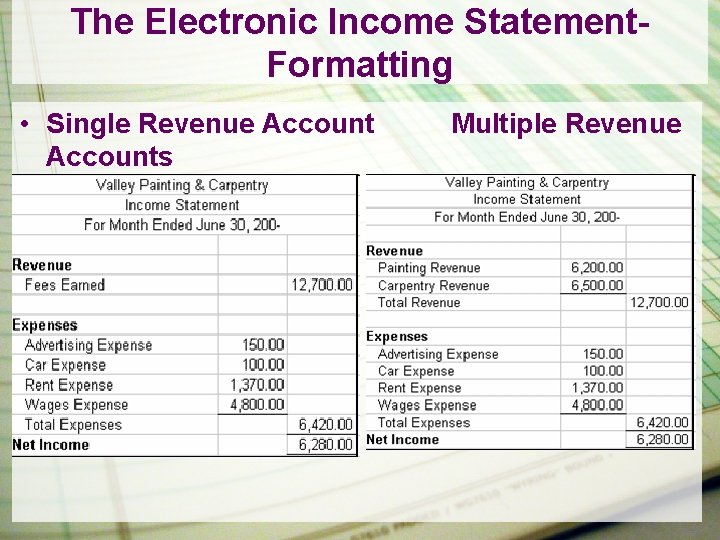 The Electronic Income Statement. Formatting • Single Revenue Accounts Multiple Revenue 