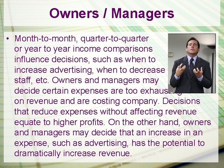 Owners / Managers • Month-to-month, quarter-to-quarter or year to year income comparisons influence decisions,