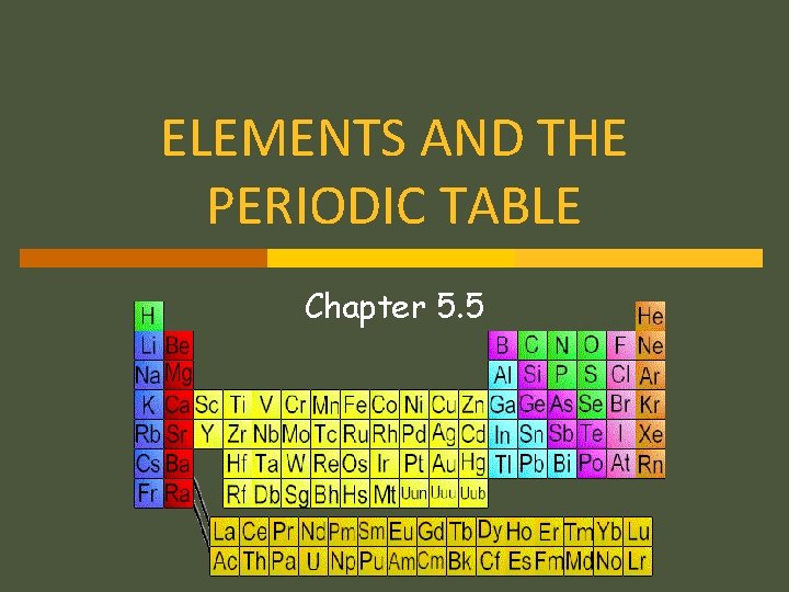 ELEMENTS AND THE PERIODIC TABLE Chapter 5. 5 
