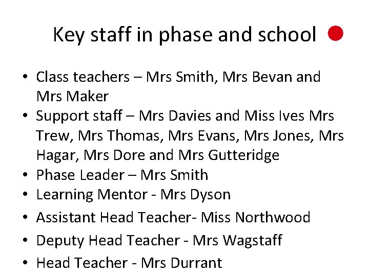 Key staff in phase and school • Class teachers – Mrs Smith, Mrs Bevan