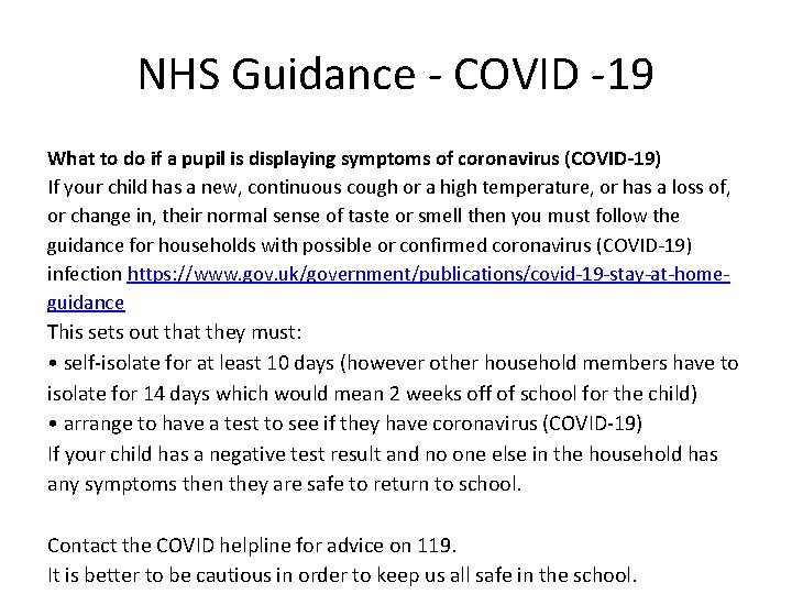 NHS Guidance - COVID -19 What to do if a pupil is displaying symptoms