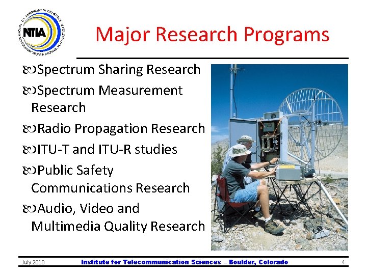 Major Research Programs Spectrum Sharing Research Spectrum Measurement Research Radio Propagation Research ITU-T and