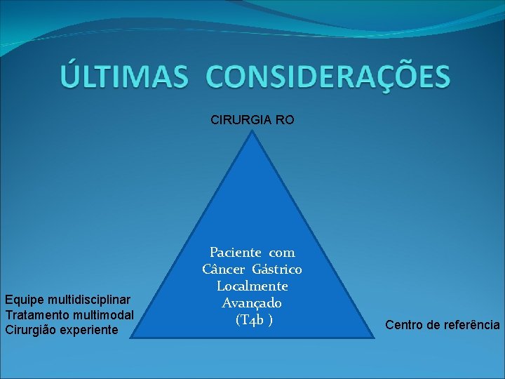 CIRURGIA RO Equipe multidisciplinar Tratamento multimodal Cirurgião experiente Paciente com Câncer Gástrico Localmente Avançado