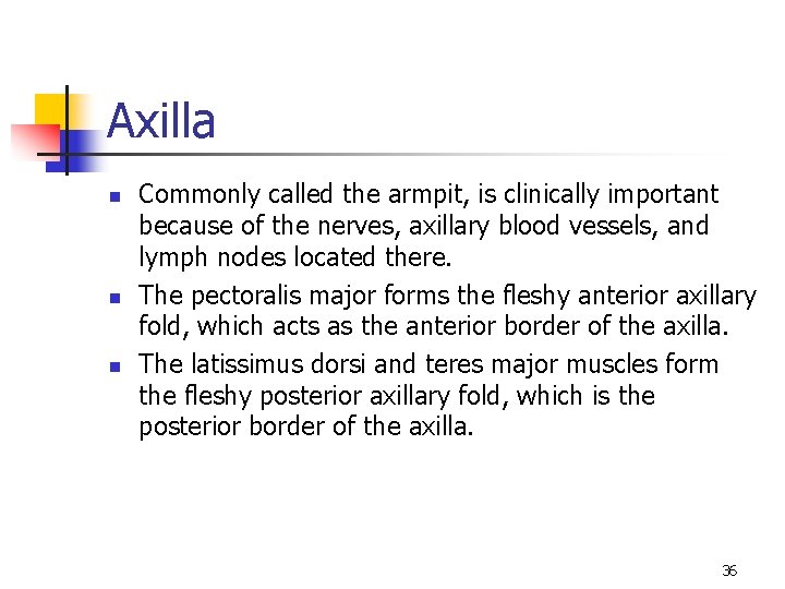 Axilla n n n Commonly called the armpit, is clinically important because of the