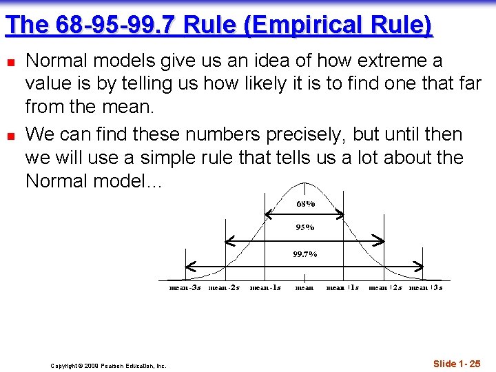 The 68 -95 -99. 7 Rule (Empirical Rule) n n Normal models give us