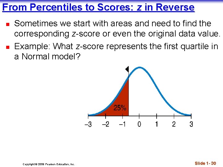 From Percentiles to Scores: z in Reverse n n Sometimes we start with areas