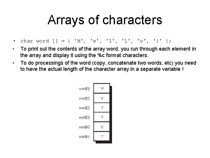 Arrays of characters • char word [] = { 'H', 'e', 'l', 'o', '!'