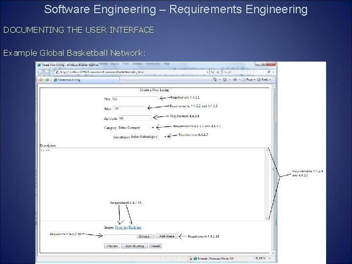 Software Engineering – Requirements Engineering DOCUMENTING THE USER INTERFACE Example Global Basketball Network: 