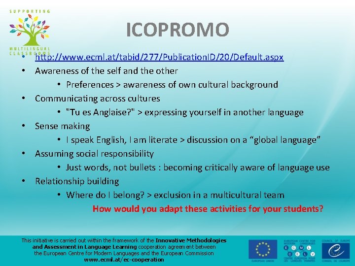 ICOPROMO • http: //www. ecml. at/tabid/277/Publication. ID/20/Default. aspx • Awareness of the self and