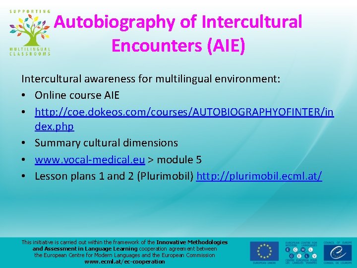 Autobiography of Intercultural Encounters (AIE) Intercultural awareness for multilingual environment: • Online course AIE