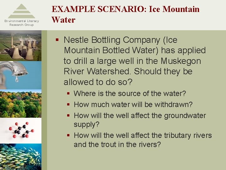 Environmental Literacy Research Group EXAMPLE SCENARIO: Ice Mountain Water § Nestle Bottling Company (Ice