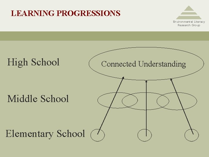 LEARNING PROGRESSIONS Environmental Literacy Research Group High School Middle School Elementary School Connected Understanding