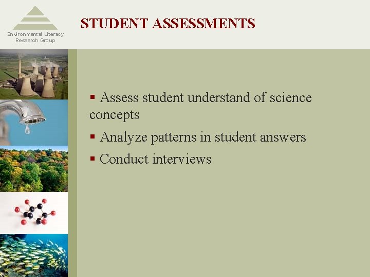 Environmental Literacy Research Group STUDENT ASSESSMENTS § Assess student understand of science concepts §