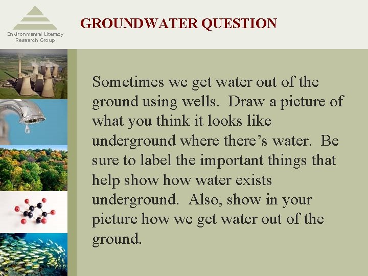Environmental Literacy Research Group GROUNDWATER QUESTION Sometimes we get water out of the ground