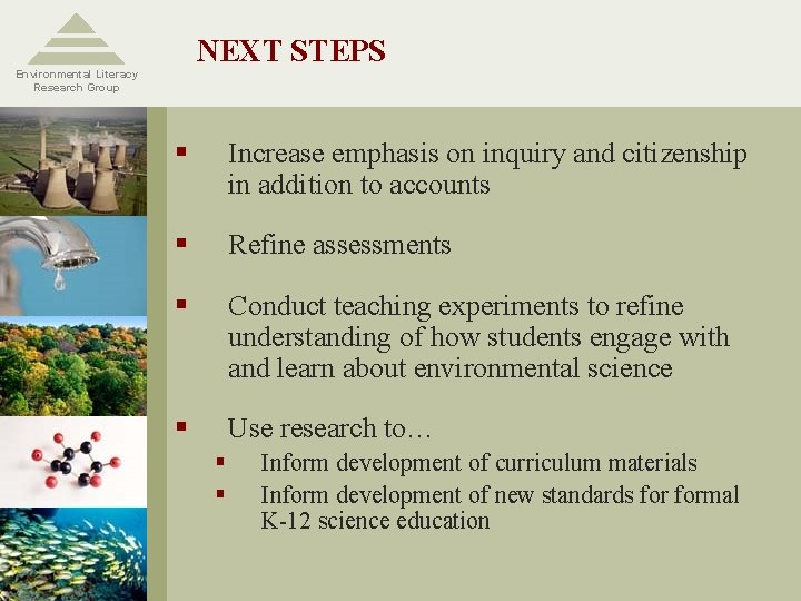 NEXT STEPS Environmental Literacy Research Group § Increase emphasis on inquiry and citizenship in